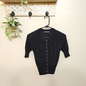 Suzy Shier Black Knit Button-Up Sweater Short Sleeve Cardigan Women’s Size XS